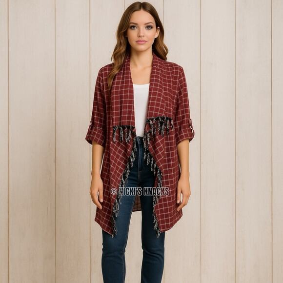 Entro Plaid Open Front Duster Cardigan Tassel Cotton Lightweight Layer Size M - Picture 1 of 8